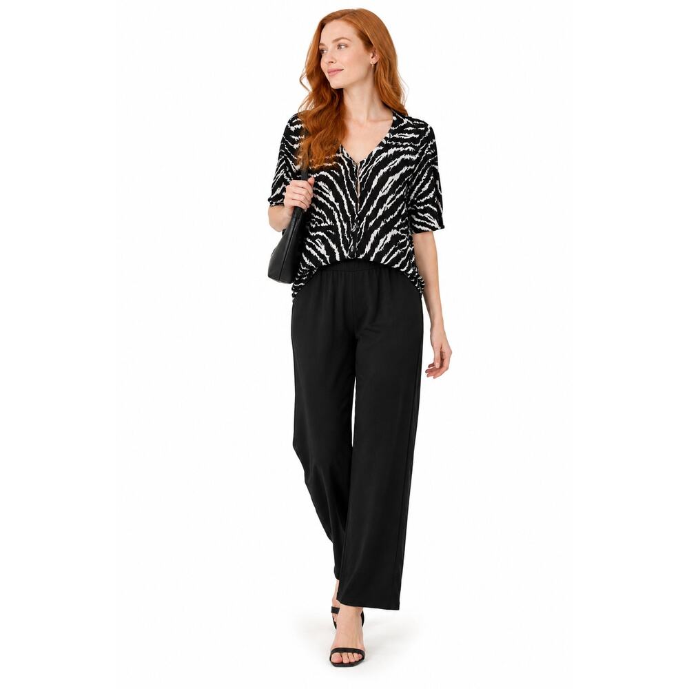 LR2116 Women’s Petite Large Workwear Outfit 2Pc Zebra Top Black Wide Leg Pants